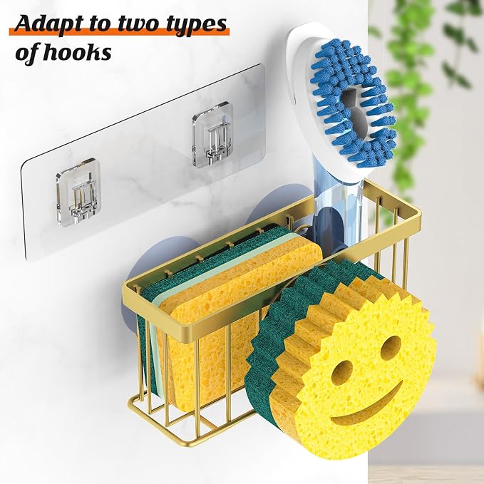 MURLONG Sponge Holder Smiley Face, Sink Caddy for Kitchen Sink, Sink Organizer Sponge Holder with 2 PCS Suction Cups/1 PCS Adhesive Strips, Designed for Sponge, Soap, Dish Brush, Scrubber-Gold - Image 3