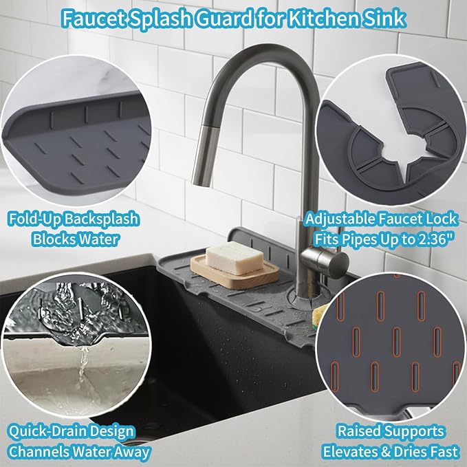 Silicone Faucet Handle Drip Catcher Drying Tray Mat Dish Soap Sponge Holder Accessories Gadgets for Kitchen Counter Bathroom Kitchen Sink Splash Guard (Gray, 14.56") - Image 2