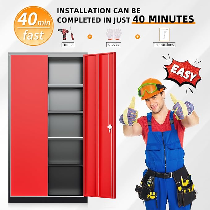Metal Storage Cabinet with Doors, 72" Locking Steel Storage Cabinet with Shelves, Tall Metal Cabinet Lockable Steel Cabinets for Home Office, Garage,(Black+Red) - Image 7