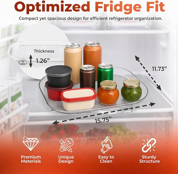 Oizeir Refrigerator Lazy Susan Turntable – Clear Rectangular Fridge Organizer with Suction Cups, 360° Rotating Tray for Side-by-Side Refrigerators, Cabinet & Pantry Organization - Image 2