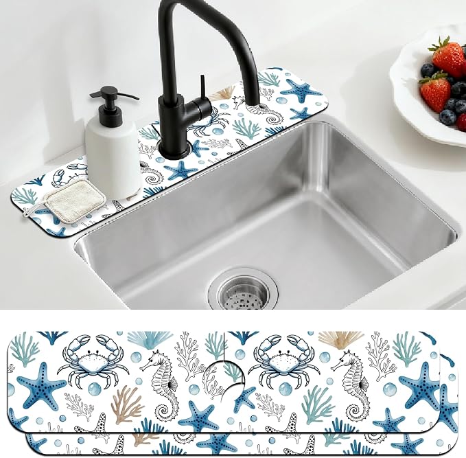 2 Pcs Marine Animals Kitchen Sink Splash Guard Faucet Mat | Faucet Mat for Sinks Absorbing Drying Mat for Kitchen Bathroom, 23.6x5.5inch by CONCHLERY%E6%97%97%E8%88%B0%E5%BA%97