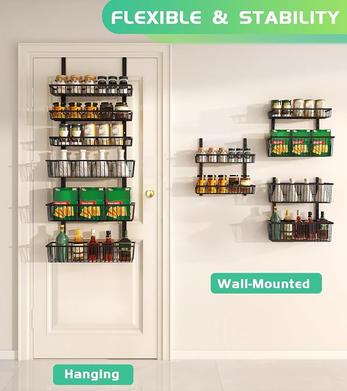 Mefirt 8-Tier Black Over The Door Pantry Organizer, Hanging Shelves | Pantry Hanging Organizers and Storage, Adjustable Heavy-Duty Metal for Home & Kitchen, Back of Door Seasoning Rack - Image 2