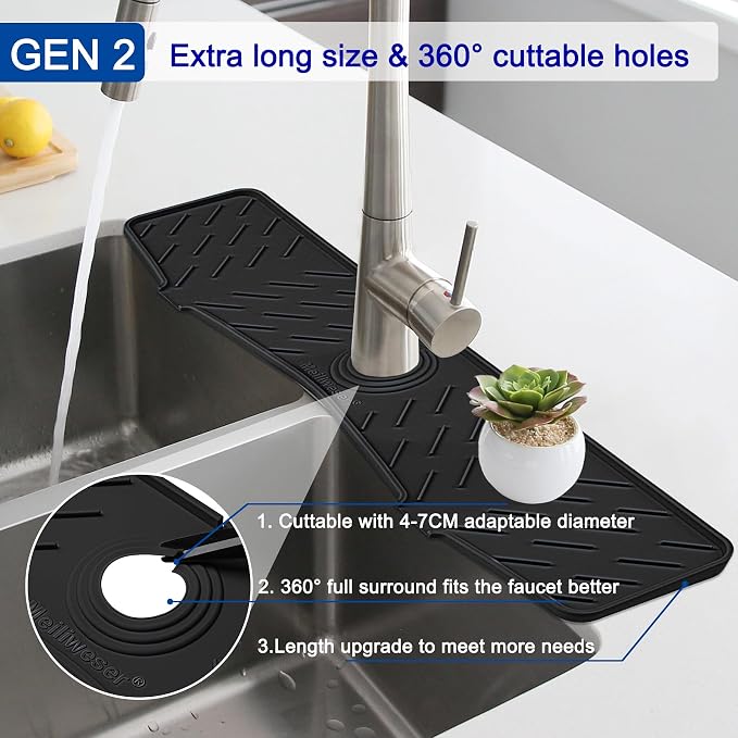 Faucet Mat for Kitchen Sink – 24” x 5.1” Extra-Long Silicone Splash Guard with 10° Slope & Upgraded Drainage – Gen 3 Sink Water Catcher & Sponge Holder for Kitchen, Bathroom (Black) - Image 4