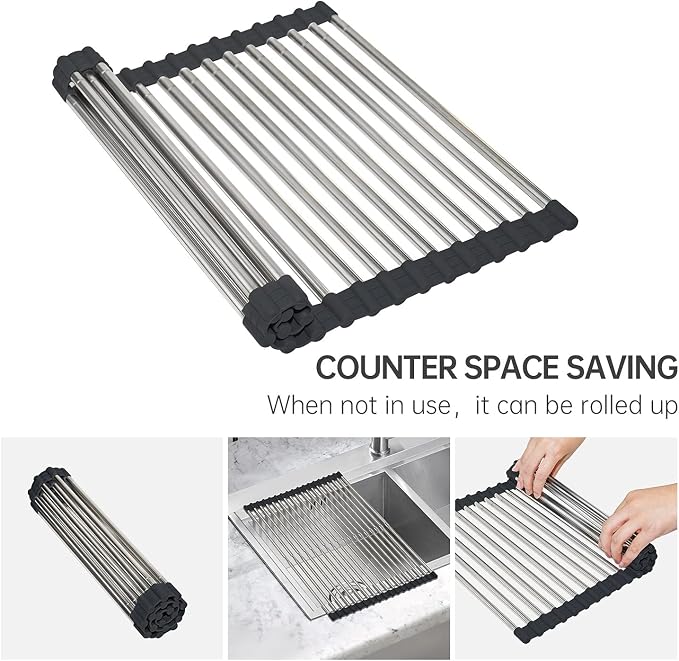 CHIRISEN Expandable Roll Up Dish Drying Rack Large, Foldable Over The Sink Dish Drying Rack, Collapsible Stainless Steel Drainer Over Sink Dish Drying Rack for Kitchen Counter (Black, 21.25''x12.79'') - Image 5