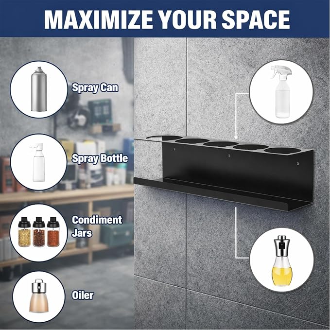 6 Pack Wall-Mounted Spray Bottle Holder, Heavy-Duty Steel Black Aerosol Can Storage Rack with 30 Holes, Spray Paint Can Organizer for Garage, Shop, Home, Tool Trailer & Service Truck - Image 8