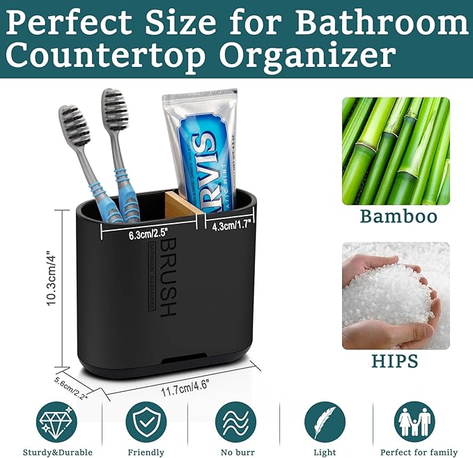 Bamboo Toothbrush Holder for Bathrooms Toothpaste Organizer, Small, Black | 2 Slots, Easy to Clean, Plastic, Kids Electric Toothbrush, Drainage, Removable, For Bathroom, Vanity, Kitchen Sink, Office - Image 6