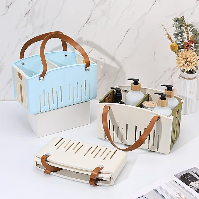 Portable Shower Caddy Collapsible Plastic Shower Basket Tote with Handles Removable Divider, Cleaning Caddy Storage Organizer for Bathroom College Dorm (Green) - Image 7