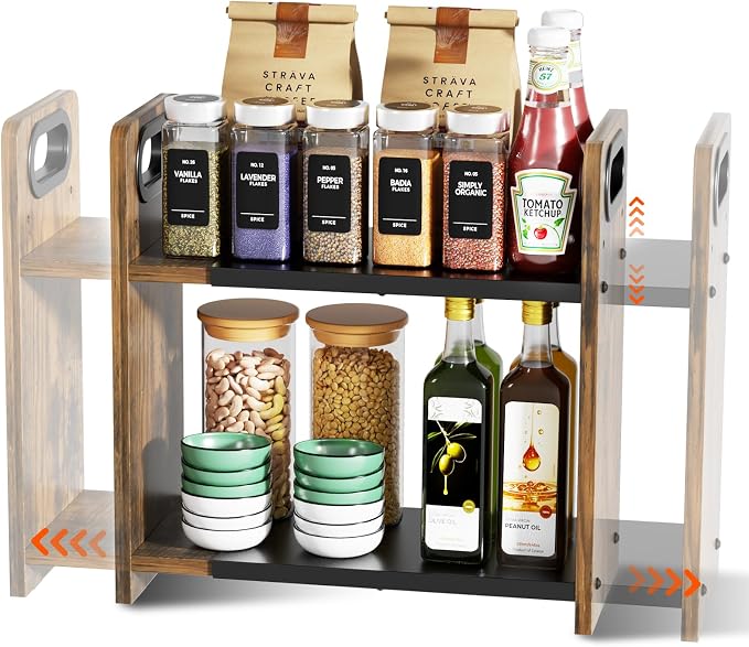 2-Tier Expandable Spice Rack Organizer for Countertop, 10.6"-17.3" | Metal & Wood ,Adjustable Height Spice Racks Shelf for Counter Cabinet Coffee Station, Space-saving Kitchen Storage Shelves by Xpatee