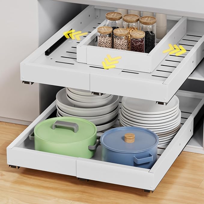 2 Pack Pull Out Cabinet Organizer, Expandable Width (11.4"-18.9") Depth (16.3"-21.7") Pull out Drawers for Cabinets with 3 Rails, No Drill Adhesive Film or Nail Slide out Drawers for Kitchen, Pantry by Beolisav