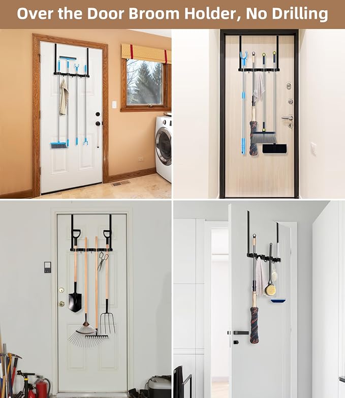 Broom Holder Over The Door with Hooks -304 Stainless Steel (Black) | Save Space, Anti-Rust & Sturdy, Mop and Broom Holder Wall Mounted or Hanging Over The Door, for Garage Laundry Kitchen - Image 8