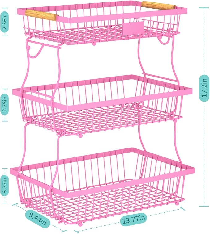 3 Tier Fruit Basket for Kitchen Counter with 2 Banana Hangers, Countertop Metal Fruit Bowl with Wooden Handle, Large Storage Stand for Vegetables, Snacks, Breads, Produce Storage – Rose Pink - Image 6
