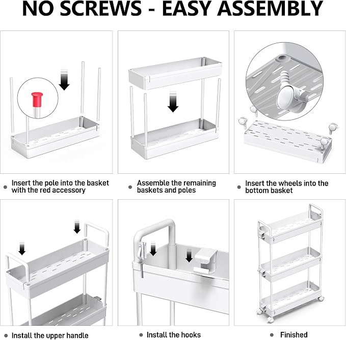 SOLEJAZZ Slim Rolling Storage Cart Skinny Bathroom Organizer, 3 Tier, White | Thin utility cart with wheels for bathroom, laundry room, bedside, kitchen, dorm, office, next to fridge, small narrow places - Image 7