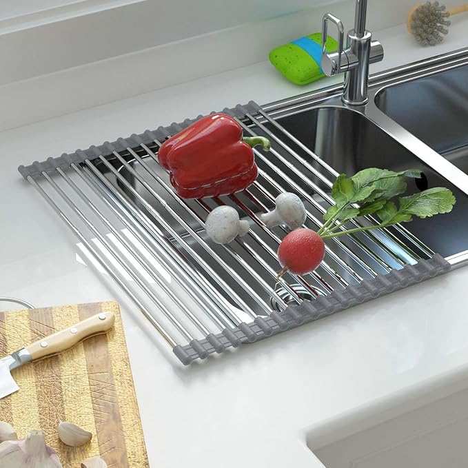 CHIRISEN Expandable Large Roll Up Dish Drying Rack 18 Tube 21.25x12.79''Collapsible Over The Sink Rack Non-Slip Silicone Rolling Dish Drainer Stainless Steel Roll Rack for Kitchen Sink Counter (Gray) by CHRISEN
