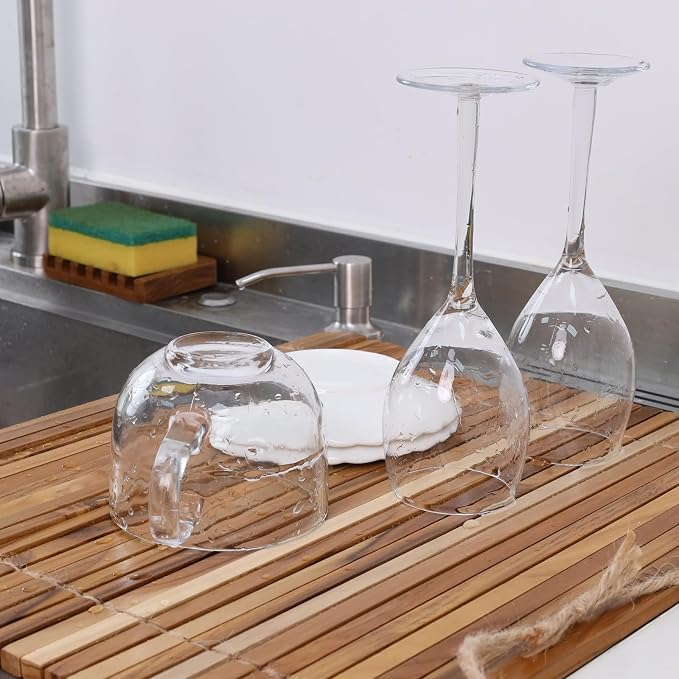 HTB Over Sink Dish Drying Rack 17.8'' x 16.1” Teak Wood | Roll Up Dish Drying Rack for Kitchen Counter,Space Saving,Collapsible Dish Drying Mat for Bowls,Vegetables,Fruits,Bottles - Image 9