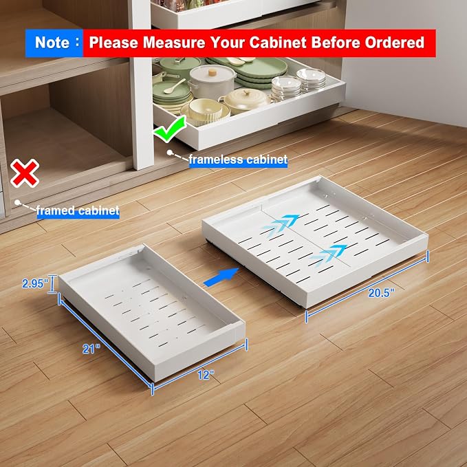 MUSTORN 2 Pack Pull Out Cabinet Organizer Expandable, 21"Deep Slide Out Drawer for Cabinets Adhesive Pull Out Drawers Heavy Duty Pull Out Shelves for Kitchen, Cupboard, Pantry, Bathroom(White) - Image 2