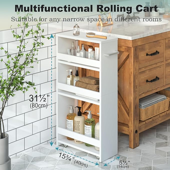 MARTY Slim Rolling Storage Cart, Wood Utility Kitchen Bathroom Laundry Cart | 4 Tier Kitchen Cart with Wheels Handle, Laundry Room Organization, Narrow Bathroom Storage Cabinet, 5.5" Wide Storage Trolley - Image 5