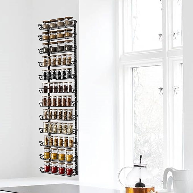 SWOMMOLY Wall Mount Spice Rack Organizer, 12-Tier Adjustable Dual-Use Shelf | Hanging Spice Rack Organizer, Kitchen Pantry Cabinet Storage Holder for Spices, Mason Jars, Bottles & Cans, Black - Image 5