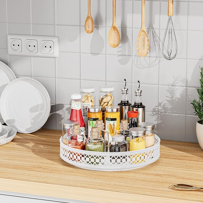 11 inch Lazy Susan Turntable - Metal Spice Organizer for Cabinet Table Top | 360° Smooth Rotating Tray White Lazy Susan with Rim for Dining Table, Pantry, Countertop, Kitchen, Bathroom Vanity Storage - Image 9