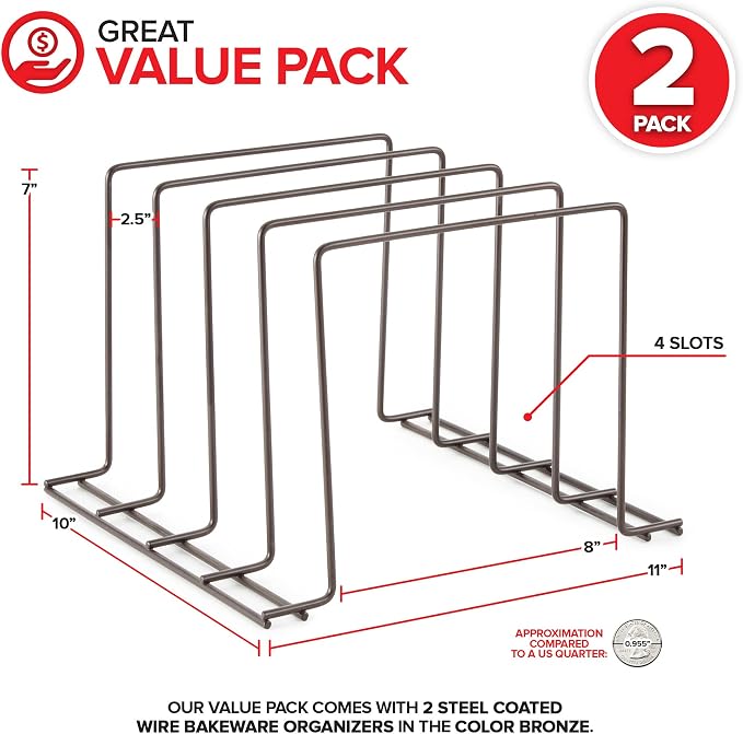 Stock Your Home Kitchen Cabinet Organizer, Bronze (2 Pack) Steel Baking Sheet Holder with 4 Slots for Cabinet, Bakeware Organizer, Divider for Cutting Boards, Pot Lids, Pan Lids, Cookie Sheets - Image 2
