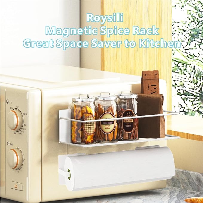 Magnetic Spice Rack For Refrigerator, Space Saving Magnetic Shelf For Fridge White 4 Pack With Magnetic Paper Towel Holder - Image 6