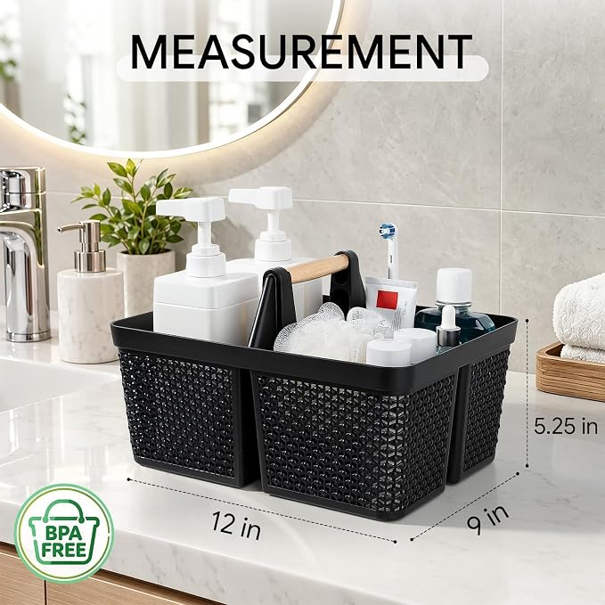 UUJOLY Portable Plastic Shower Caddy Basket with Wooden Handle, Black | Divided Storage Organizer Tote for Bathroom, Dorm, College, Kitchen & RV – Lightweight, Easy-Carry Essentials Caddy - Image 7