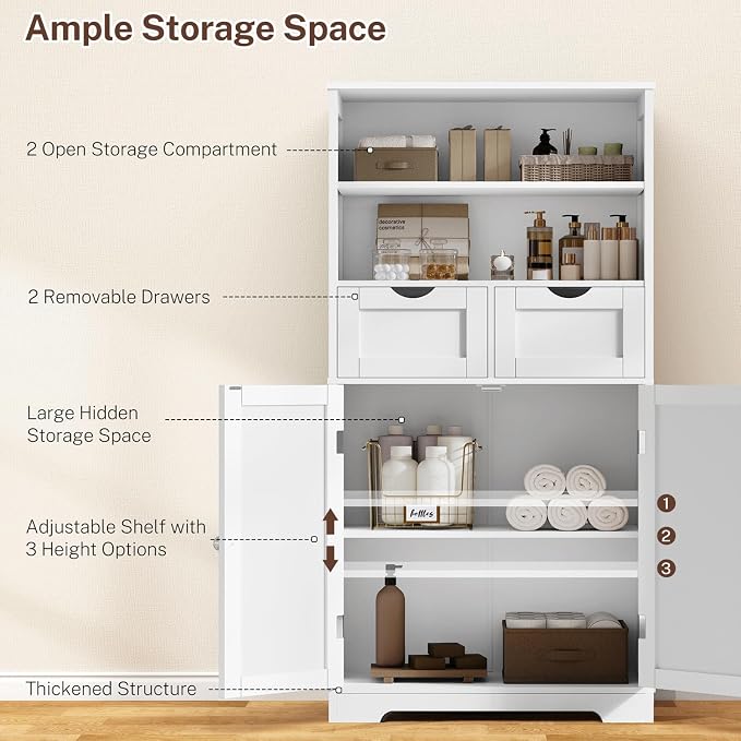 Iwell Tall Bathroom Cabinet, Storage Cabinet with Adjustable Shelves, Bathroom Storage Cabinet for Living Room, Dining Room, Entryway, White - Image 4