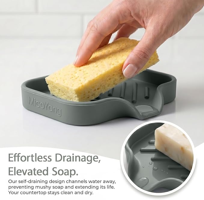 MicoYang Silicone Soap Dish with Drain Spout, Self-Draining Sink Organizer Tray for Bathroom and Kitchen, Sponges, Dispensers and Soap Holder, Non-Slip and Dishwasher Safe, Grey (Compact, 4.9"×3.2") - Image 7