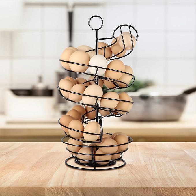 QUTREY Black Metal Egg Holder Countertop, Fresh Egg Skelter, Spiral Design Egg Dispenser Rack with Storage Basket for Display Easter Eggs - Image 5