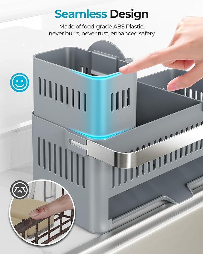 Nieifi Sponge Holder, Grey Rustproof ABS Sink Caddy with Towel Rack | Smiley Sponge and Brush Holders with Drainage to Keep Items Dry. 10"L x 4.5"D. Kitchen Counter Organizer & Essential Storage. - Image 3