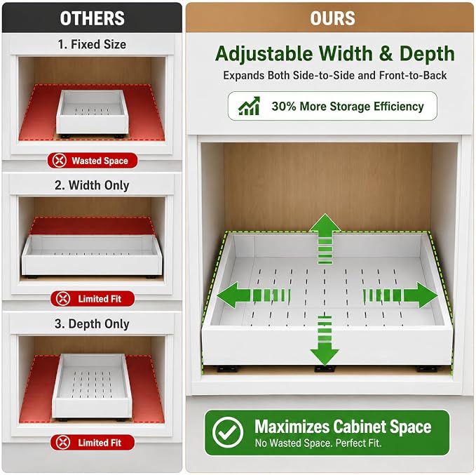 Fokyfok Pull out Cabinet Organizer,Expandable,No Drill,Heavy Duty,Kitchen | 16"-21"Wx13"-17"D,3 Rails,Pull out Drawers,Cabinet Drawers Slide out,Roll out Shelves,Pantry,Bathroom,Adhesive,Adjustable,1PC - Image 3