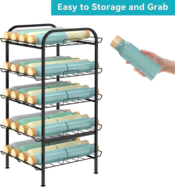 Water Bottle Organizer 5 Tier FreeStanding Water Bottle Storage Shelf Adjustable Water Bottle Holder Stand Metal Beverage Can Rack for Pantry Kitchen Party Black - Image 4
