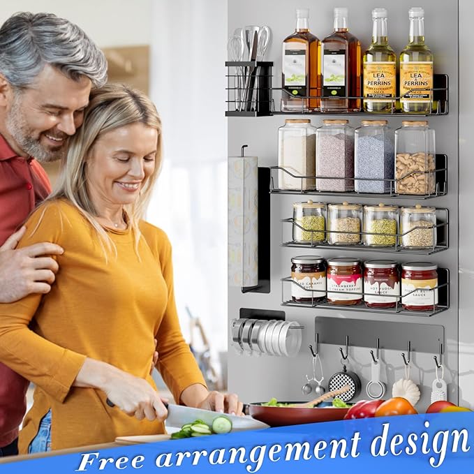 Magnetic Spice Rack for Refrigerator,8 Pack Magnetic Fridge Shelf, Moveable Spice Organizer with Hook Rack, Paper Towel Holder, Utensil Holder,cup lid holder, Super Magnetic Rack Set (Black) - Image 5
