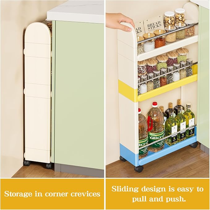 MiaLi 3 Tier Slim Storage Cart with Wheels, 1 PCS Colours Utility Slim Cart with Plastic, Adjustable Size for Laundry Kitchen Bathroom Narrow Places, Easy to Clean, Space Saving (Colours) - Image 4