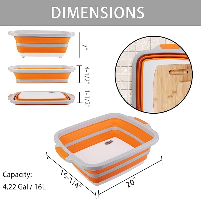 Tiawudi Large Collapsible BBQ Prep Tub with Lid(4.22 Gal/16L), Foldable Camping Sink with Colander, Cutting Board, Dish Basin for Kitchen, Bowl, Vegetable and Fruit, Storage Basket for Picnic - Image 3