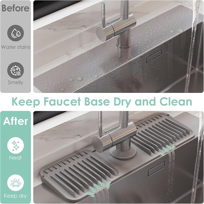 17.7-Inch Silicone Faucet Mat for Kitchen Sink Splash Guard, 7° Slope | 17.7"x5.5" water draining mat with fasten button; 1.6-2.75" customizable hole for bathroom, RV & kitchen sink drip catcher. - Image 6