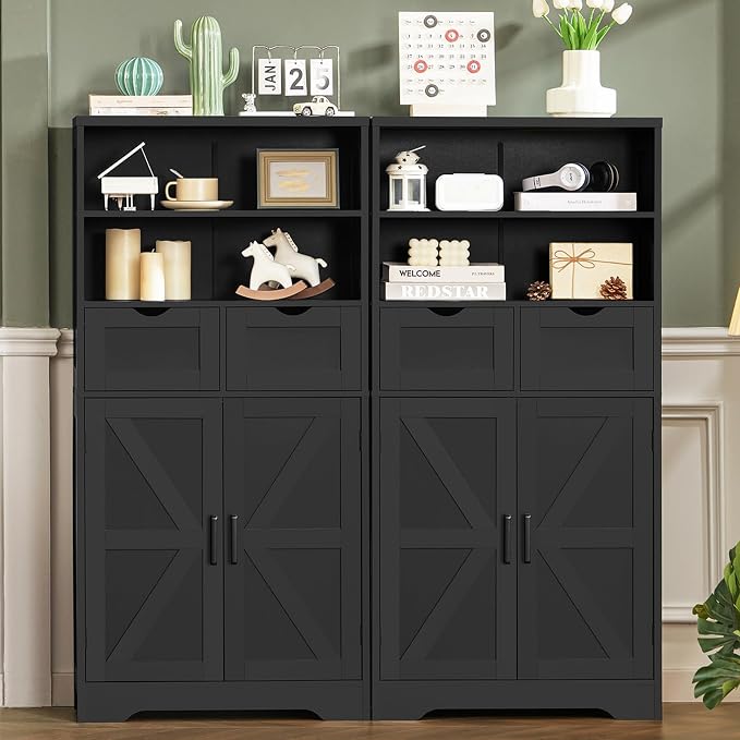 Storage Cabinet with Doors & 2 Drawers, Kitchen Cabinet with Adjustable Shelf, Pantry Cabinets, Bathroom Cabinets, for Living Room, Entryway, Home Office, Black - Image 7