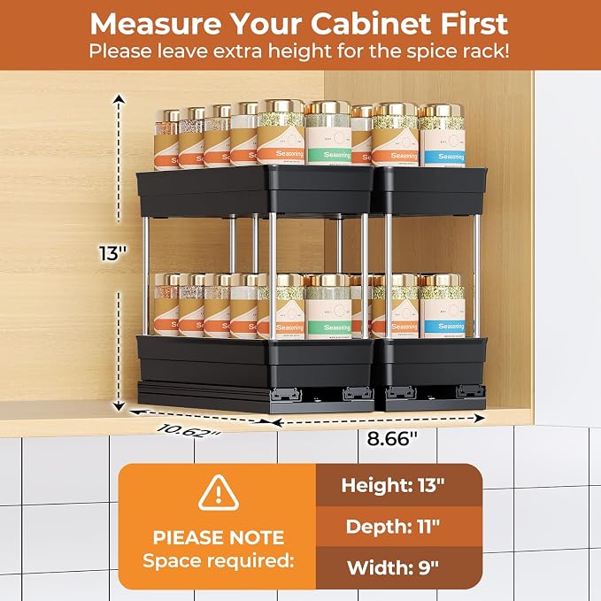 Pull Out Spice Rack Organizer for Cabinet, 2 Pack 2 Tier Sliding Spice Rack | Dual Rail, Slide Out Seasoning Organizer for Kitchen Cabinets, No Drill Installation, Space Saving Cabinet Storage Organizer - Image 7