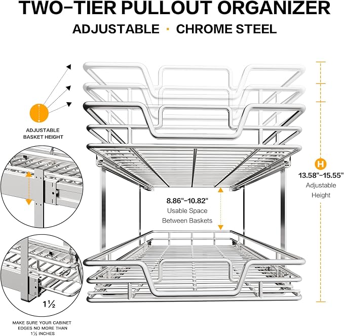2-Tier Kitchen Cabinet Pull Out Cabinet Organizer,Shelf and Drawer Organizer Slide Out Pantry Storaqe Basket in Multiple Sizes (17" W x 21" D) - Image 5