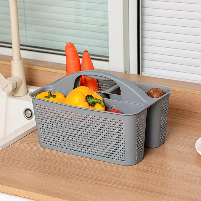 Plastic Portable Shower Caddy Basket with Handle, 3 Compartments, Grey | Storage Organizer with Drain Holes, Sturdy and Durable For Bathroom, Kitchen, College Dorm, Sink, Camping - Image 5