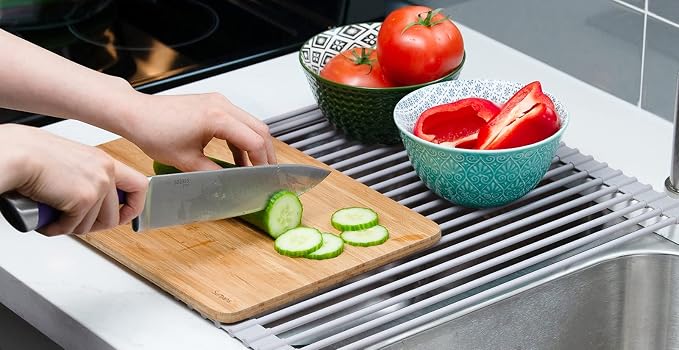 20.5 x 15.5 Inch Roll-Up Dish Drying Rack, Fits Across Sink Openings up to 19.5 Inches, Heavy-Duty Premium Silicone, Strong Support, Non-Slip, Heat-Resistant, Warm Gray - Image 6