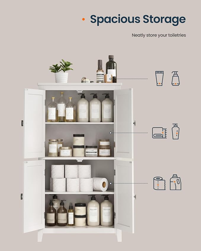 SONGMICS HOME Freestanding Storage Cabinet, Floor Cabinet with Elevated Legs, Metal Handles, for Living Room, Kitchen, Bathroom, White - Image 4