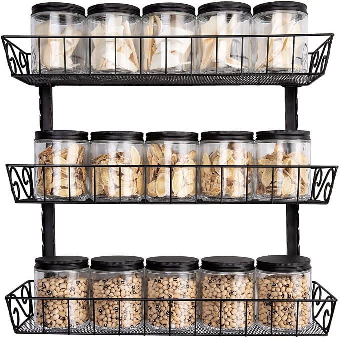 SWOMMOLY Wall Mount Spice Rack Organizer, 3-Tier Adjustable Dual-Use Shelf | Hanging Spice Rack Organizer, Kitchen Pantry Cabinet Storage Holder for Spices, Mason Jars, Bottles & Cans, Black - Image 6