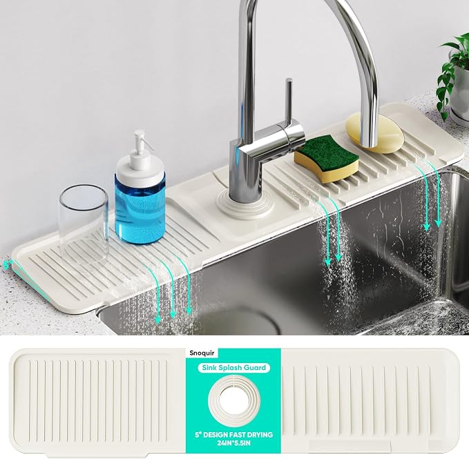 24'' Faucet Mat for Kitchen Sink [5°Slope Fast Self-draining] Faucet Mat Kitchen Sink Splash Guard Silicone Sink Faucet Mat Splash Guard Kitchen Sink Area Tidy Splash Faucet Guard Draining Mat-Beige - Image 8