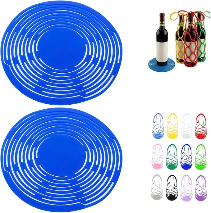 Multi-Use Silicone Storage Bag & Organizer,Multifunctional Mesh Coaster,Silicone Wine Carrier,Reusable, Foldable, Portable Coaster for Wine Bottles, Cans, Cups, Hot Dishes,and Beverages(2pcs Blue) by Unknown