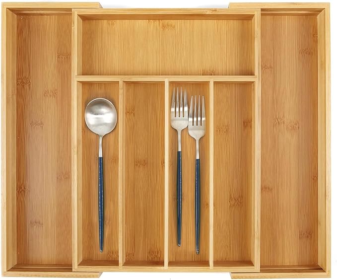 Utoplike Bamboo Cutlery Silverware Tray, Drawer Organizer Kitchen Utensils | Small Drawer Dividers for Flatware Tray Drawer Insert for knives, Gadgets and Garage Tools, Office Supplies, 5-7 Slots by Utoplike