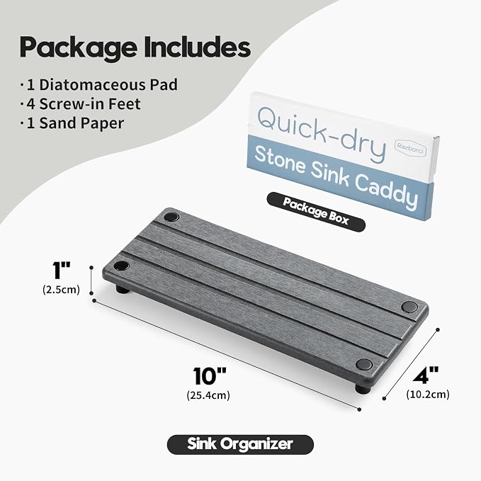 Sink Caddy Kitchen Sink Organizer, Water Absorbing Stone Tray for Sink,Diatomite Bathroom Counter Tray,Faucet Drying Mat Protector Coaster Soap Dish Rack Riser Vanity Dispenser Sponge Holder,10" x 4" - Image 6