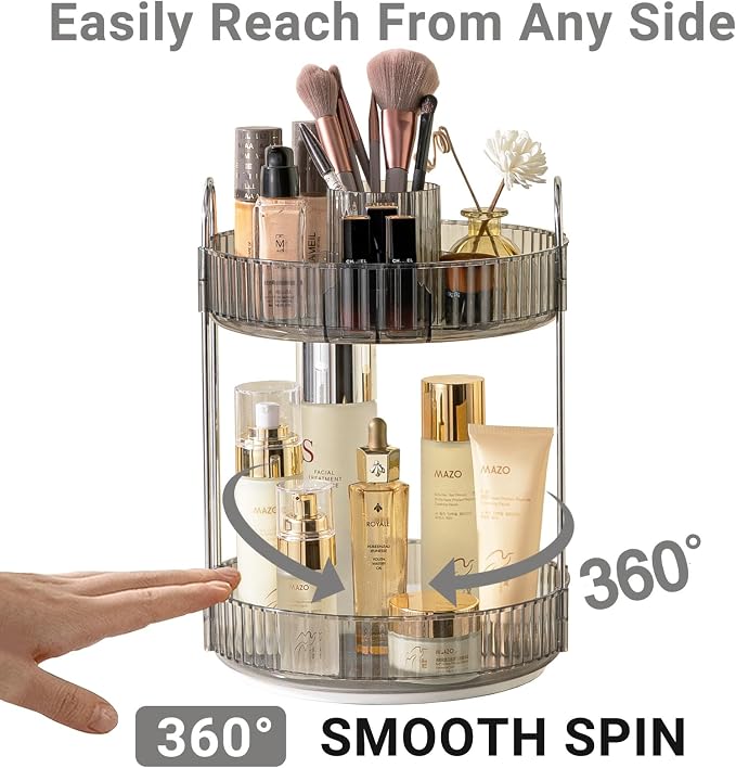 Asayuee 360 Rotating Makeup Organizer,2 Tier Large Capacity Make Up Organizers and Storage,Skincare Perfume Vanity Organizers,Bathroom Cosmetics Storage Organizer Countertop(Grey) - Image 3