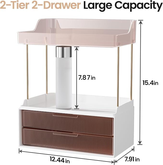 Delamu 4-Tier Makeup Organizer, Bathroom Counter, 2 Drawers, Grapefruit | Elegant Vanity Organizer Gift for Women, Holds Perfume, Skincare, Nail Polish & Hair Accessories for Bathroom Countertop - Image 2