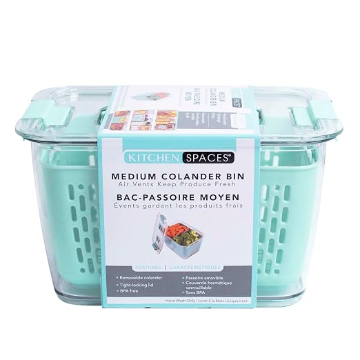 Kitchen Spaces Colander Bin, Produce Saver, Fridge Organizer With Lid, Wash, Strain and Store, Great for Refrigerator, Freezer and Pantry, Medium, Mint Green, Pack of 1 by KitchenSpaces