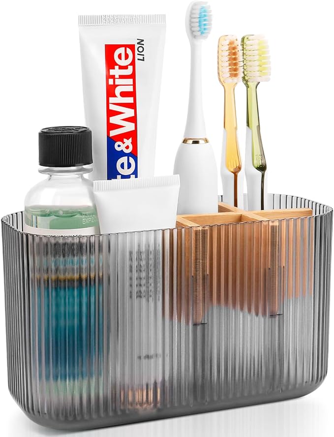 GFWARE Clear Acrylic Toothbrush Holder, 5 Slots Bathroom Storage Organizer | Bamboo Toothbrush Holder, Kids Electric Toothbrush Holder and Toothpaste Storage for Bathroom Caddy Decor by GFWARE